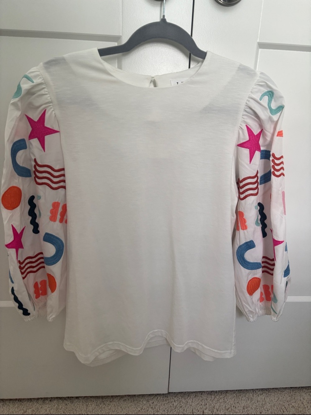 THML White Blouse with Multicolor Embroidered Puff Sleeves